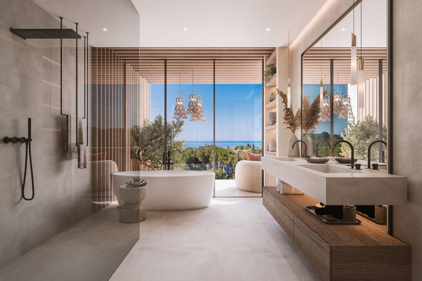 A luxurious bathroom with a sleek, modern design featuring a freestanding bathtub, a spacious walk-in shower with glass walls, and elegant marble finishes. Soft ambient lighting and floor-to-ceiling windows create a spa-like atmosphere with serene views of the surrounding greenery.