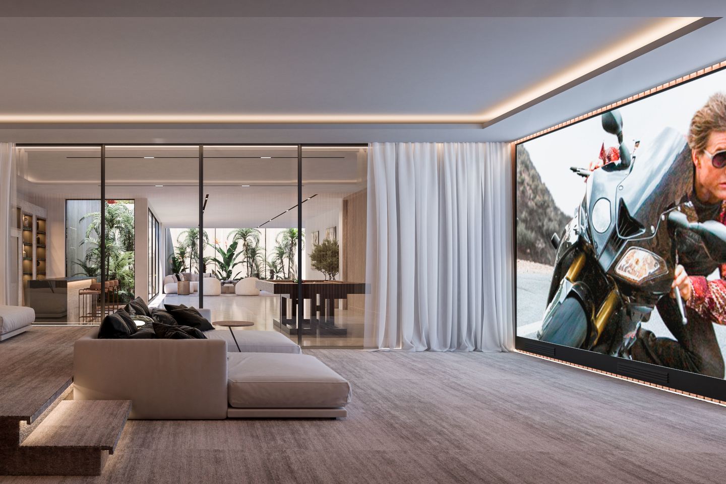 A state-of-the-art private home cinema with plush reclining seats, ambient LED lighting, and a large high-definition screen. The room features dark walls and acoustic paneling for an immersive movie-watching experience.