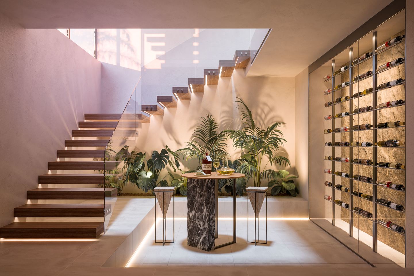 Elegant wine cellar in an exclusive villa in Cascada de Camoján, Marbella, featuring custom shelving to store fine wines, a sleek modern design, and ambient lighting that enhances the luxurious atmosphere. The space is perfect for wine connoisseurs, blending sophistication and functionality in a beautiful setting.