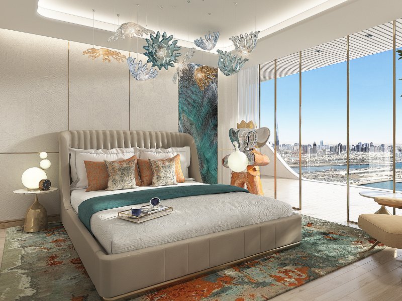 Luxurious bedroom in an exclusive waterfront residence in Dubai, featuring elegant decor, floor-to-ceiling windows, and serene water views.