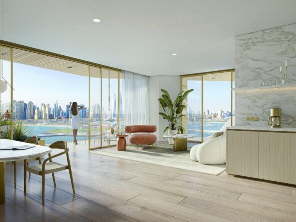 Exclusive Waterfront Residences in Dubai - Living Area and Terrace - SKD0001