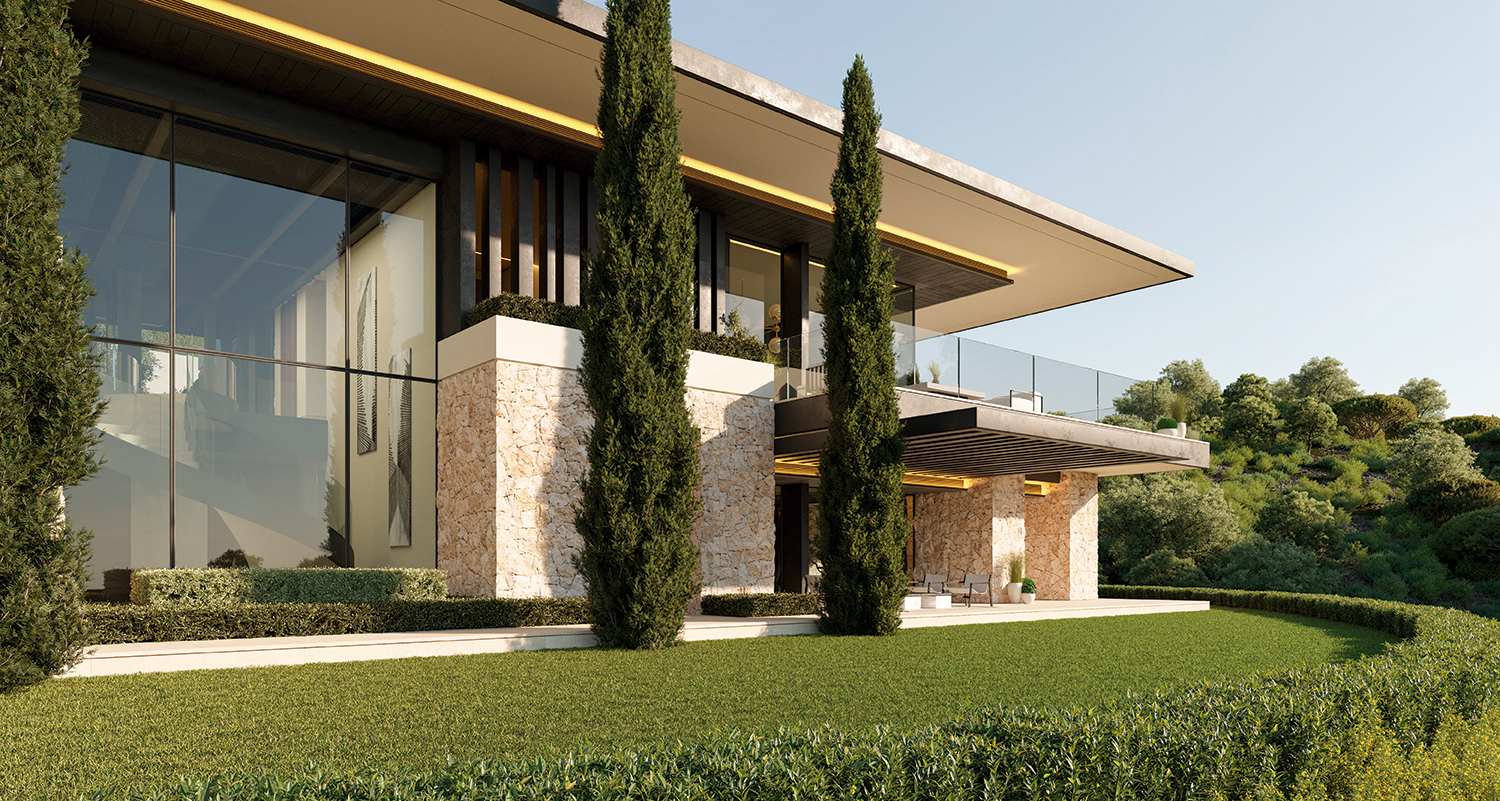 Elegant entrance to a licensed project on a prime plot in La Zagaleta, Marbella, featuring a grand driveway, modern architectural elements, and lush landscaping. The entry exudes exclusivity and sophistication, setting the tone for a luxurious and private living experience within a stunning natural setting.