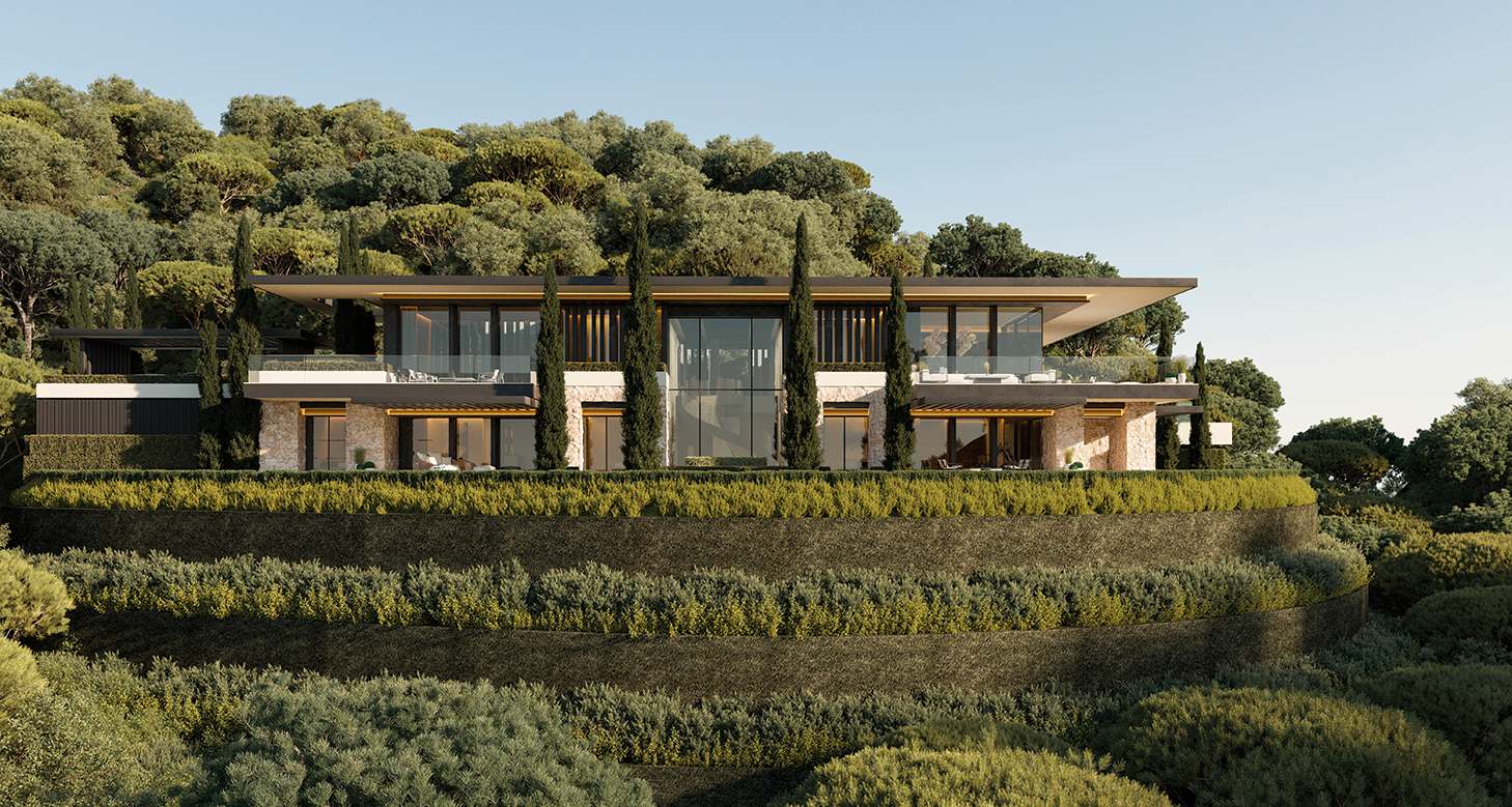 Stunning facade of a licensed project on a prime plot in La Zagaleta, Marbella, featuring sleek modern architectural design with clean lines, expansive windows, and a harmonious blend of luxury and nature. The project is designed to integrate seamlessly with the surrounding landscape, offering an exclusive and elegant living experience.