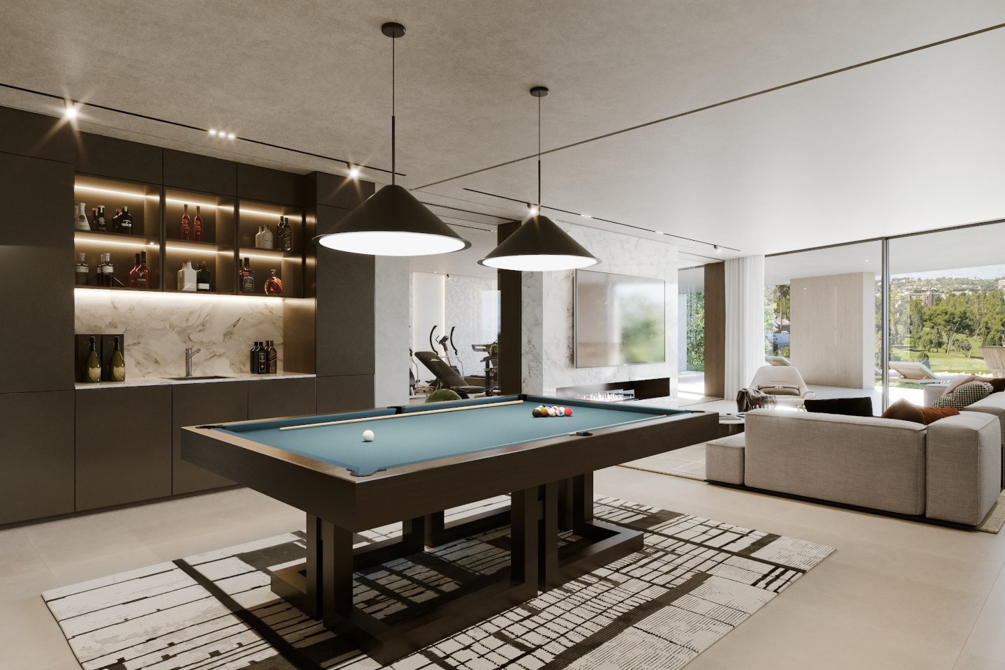 Stylish games room in a new build villa in El Herrojo, Benahavís, featuring a modern design with comfortable seating, a pool table, and entertainment options. The space is perfect for relaxation and socializing, offering a sleek, inviting atmosphere for both family and guests to enjoy.