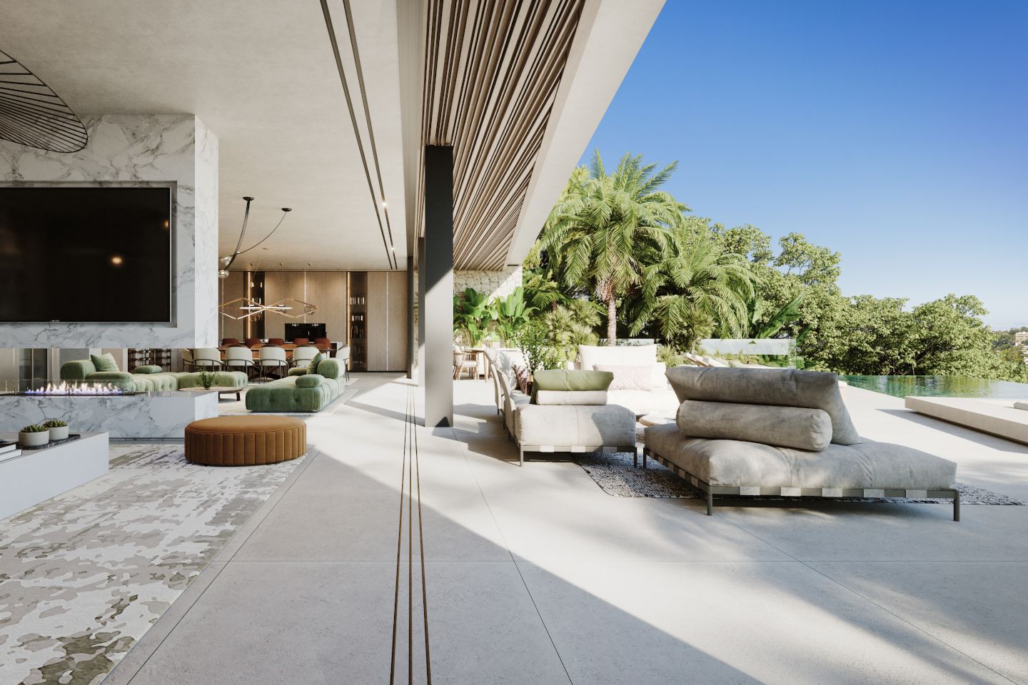 Bright and stylish living room in a new build villa in El Herrojo, Benahavis, featuring modern furniture, large windows that open to a spacious terrace, and seamless indoor-outdoor flow. The terrace offers stunning views of the surrounding nature, creating a perfect space for relaxation and entertaining.