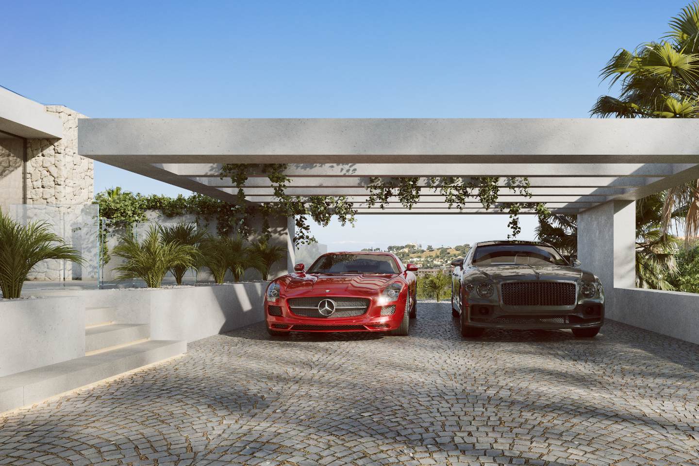 Modern and spacious parking area of a new build villa in El Herrojo, Benahavis, featuring a sleek driveway with ample space for multiple vehicles, surrounded by well-maintained landscaping and contemporary design elements that complement the villa's luxurious aesthetic.