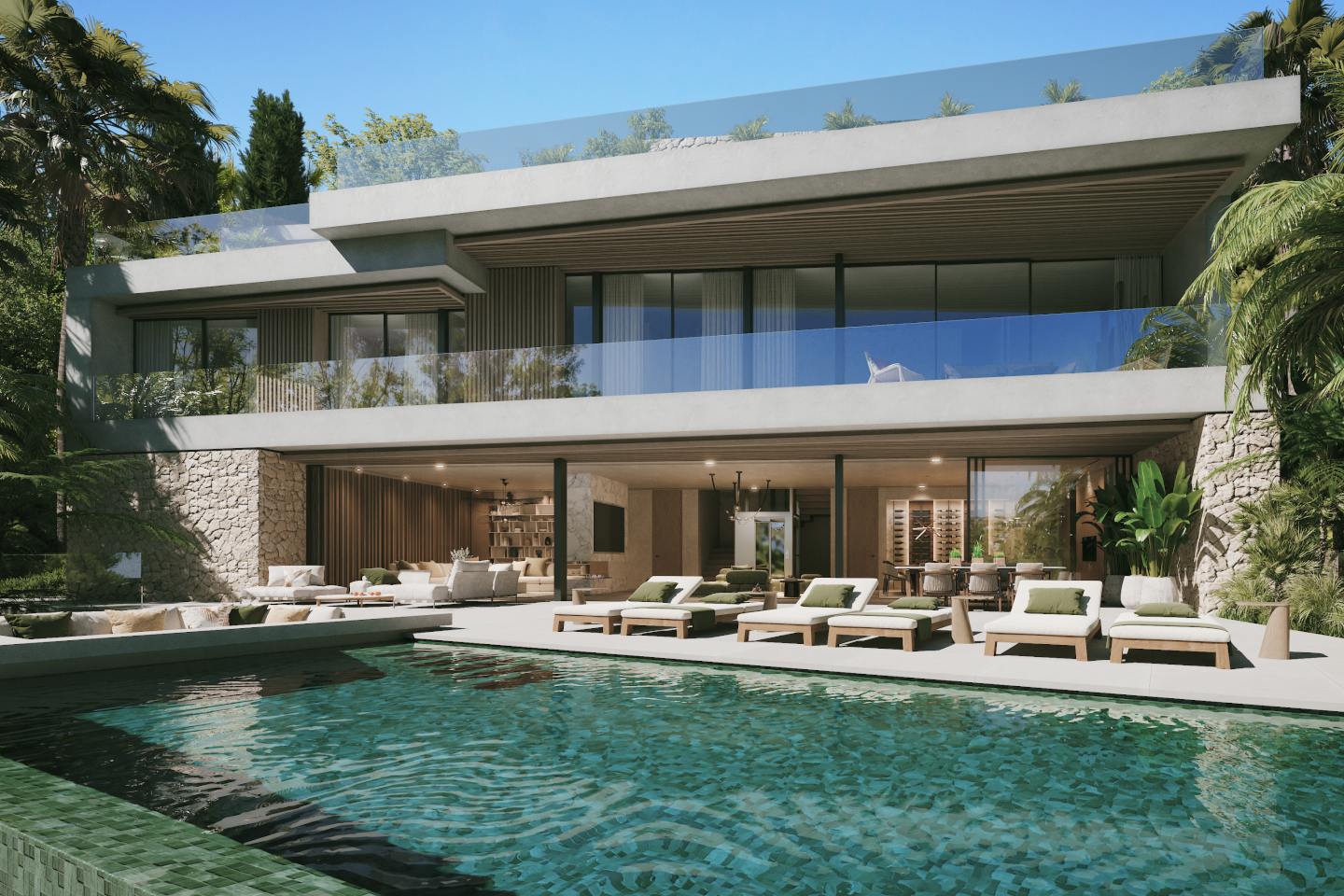 Stunning outdoor pool area of a new build villa in El Herrojo, Benahavis, featuring a crystal-clear swimming pool surrounded by elegant outdoor furniture, lush greenery, and panoramic views of the scenic hillside. The space offers a luxurious and serene atmosphere for relaxation and entertainment.